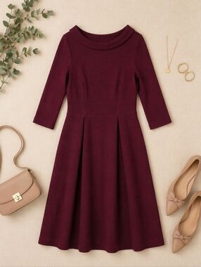 BODEN Maroon Ribbed Scoop Neck 3/4 Sleeve Lined Midi Dress. Ladies 16R